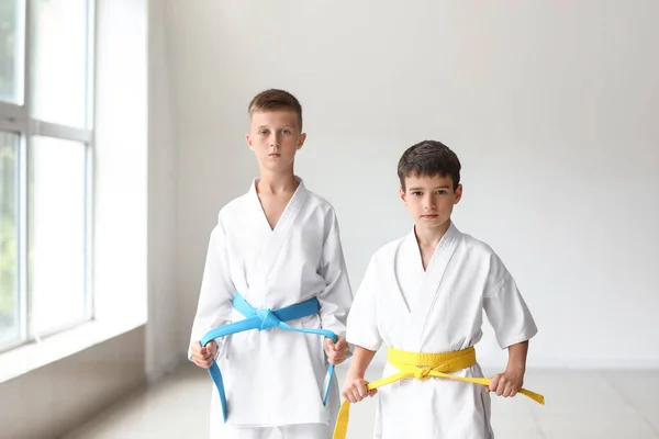 Mali Chłopcy Ćwiczą Karate Siłowni — Zdjęcie stockowe