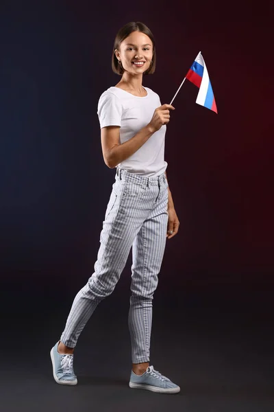 Beautiful Young Woman Flag Russia Dark Background — Stock Photo, Image