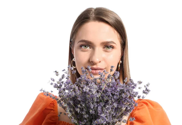 Beautiful Young Woman Bouquet Lavender White Background — Stock Photo, Image