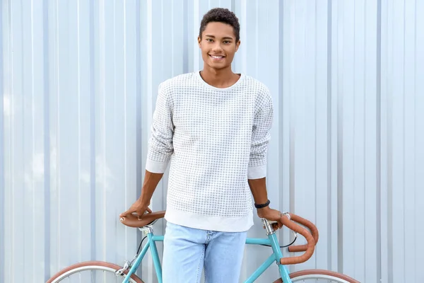 African American Teenage Boy Bike Blue Fence — Stock Photo, Image