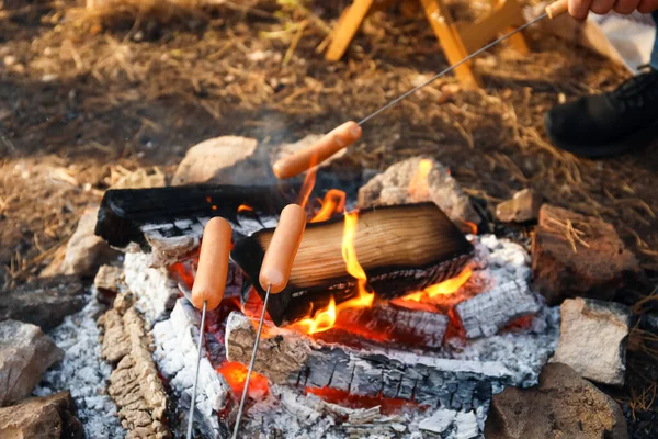 Roasting Sausages Fire Outdoors — Stock Photo, Image