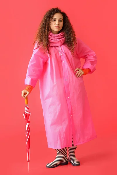Young African American Woman Wearing Pink Raincoat Scarf Gumboots Umbrella — Stock Photo, Image