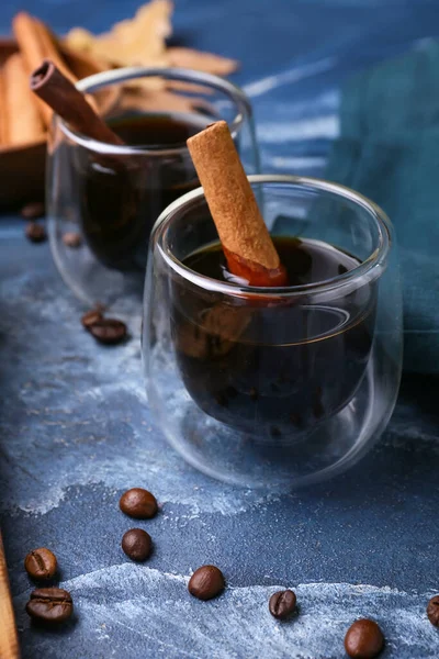 Glasses Tasty Coffee Cinnamon Blue Background — Stock Photo, Image