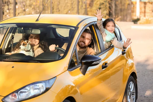 Pais Felizes Com Filhinha Cachorro Bonito Viajando Carro — Fotografia de Stock
