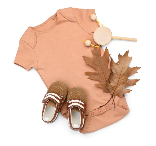 Baby Bodysuit Shoes Toy Autumn Leaves White Background — Stock Photo, Image