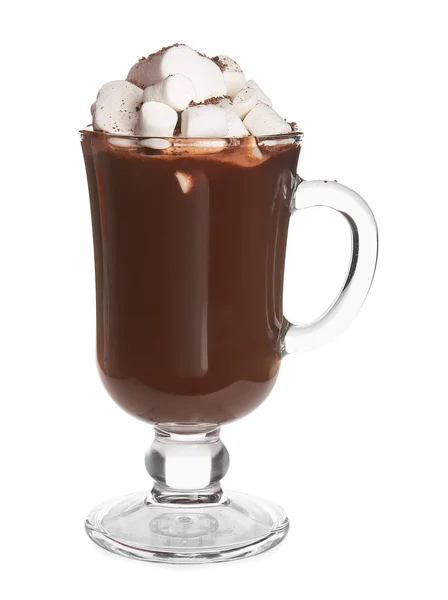 Copo Vidro Chocolate Quente Saboroso Com Marshmallows Fundo Branco — Fotografia de Stock