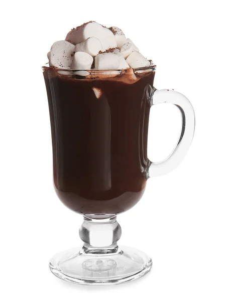 Glazen Kopje Lekkere Warme Chocolademelk Met Marshmallows Witte Achtergrond — Stockfoto