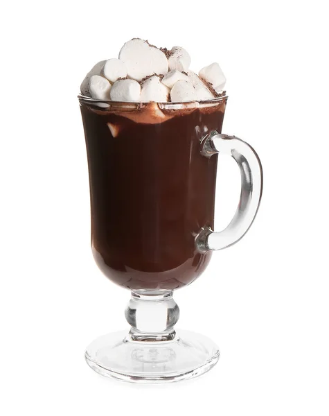 Copo Vidro Chocolate Quente Saboroso Com Marshmallows Fundo Branco — Fotografia de Stock