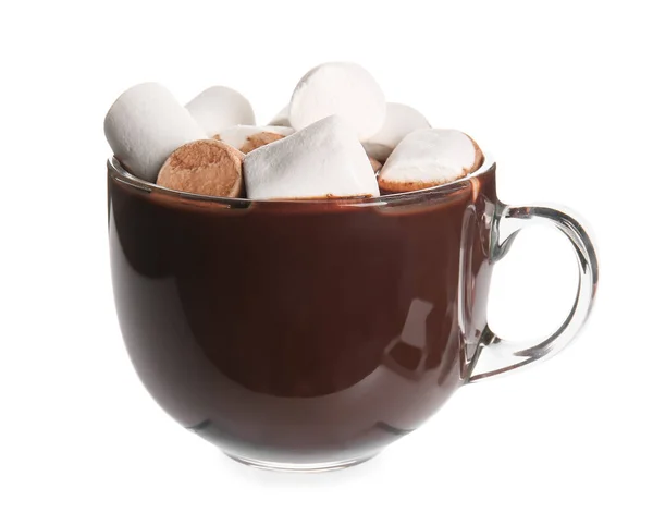 Copo Vidro Chocolate Quente Saboroso Com Marshmallows Fundo Branco — Fotografia de Stock