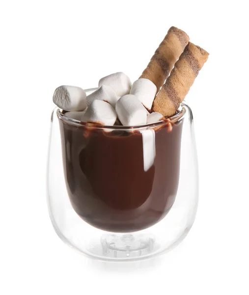 Copo Chocolate Quente Saboroso Com Marshmallows Fundo Branco — Fotografia de Stock