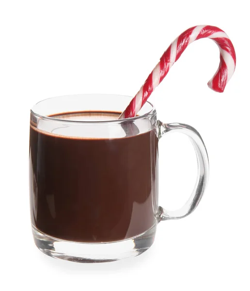 Glass Cup Tasty Hot Chocolate Candy Cane White Background — Stock Photo, Image