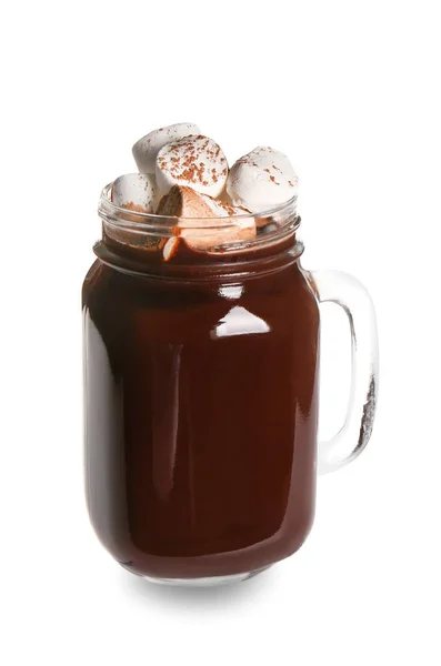 Mason Pot Lekkere Warme Chocolademelk Witte Achtergrond — Stockfoto