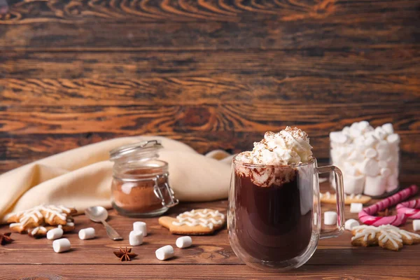 Üveg Csésze Finom Forró Csokoládé Háttér — Stock Fotó