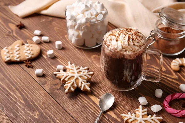 Glass Cup Tasty Hot Chocolate Marshmallows Cookies Wooden Background — Stock Photo, Image