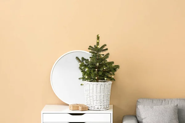 Beautiful Christmas Tree Pot Gift Boxes Decor Element Chest Drawers — Stock Photo, Image