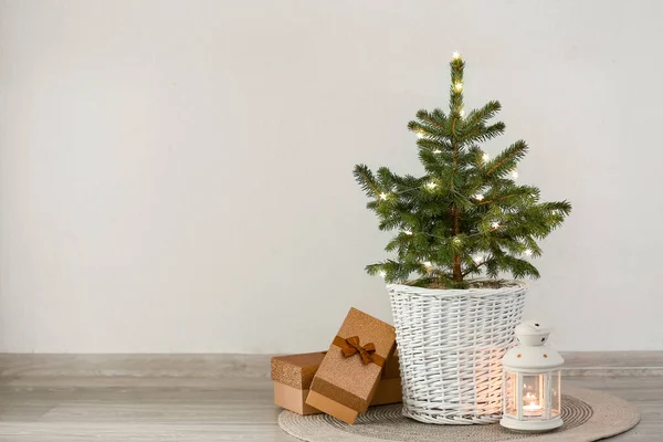 Bela Árvore Natal Vaso Caixas Presente Lanterna Perto Parede Branca — Fotografia de Stock