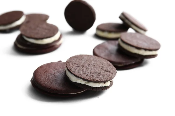 Tasty Chocolate Cookies Cream White Background Closeup — Stock Photo, Image