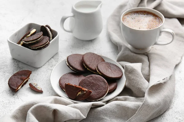 Plate Tasty Chocolate Cookies Milk Cup Coffee Light Background — Stock Photo, Image