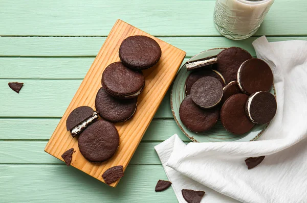 Tasty Chocolate Cookies Cream Color Wooden Background — Stock Photo, Image