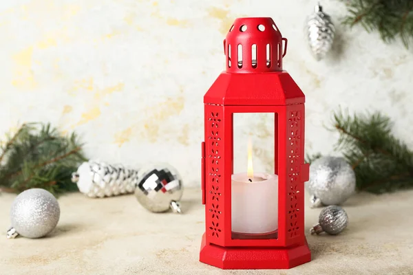 Christmas Lantern Burning Candle Fir Branches Balls Light Background — Stock Photo, Image