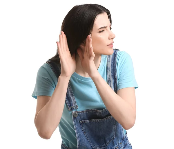 Young Woman Trying Hear Something White Background Stock Image