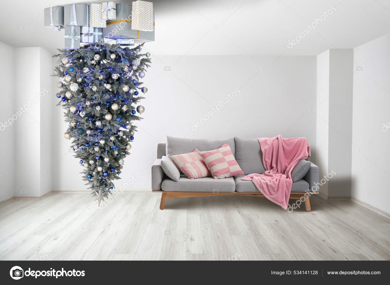 Beautiful Christmas Tree Gift Boxes Hanging Ceiling Room Stock Photo by  ©serezniy 534141128