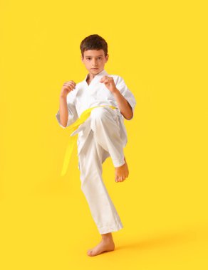 Küçük çocuk renkli arka planda karate yapıyor.