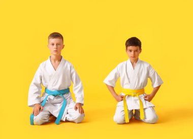 Renkli arka planda karategi yapan küçük çocuklar.