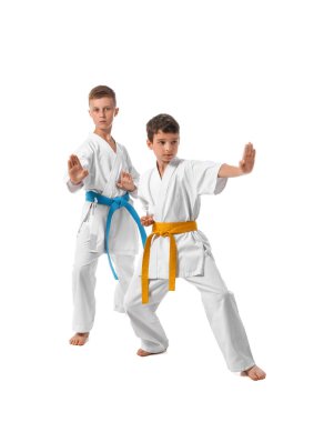 Beyaz arka planda karate yapan küçük çocuklar.