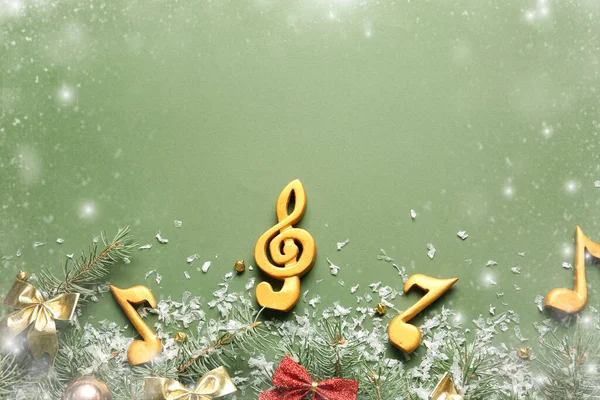 Notes Musique Avec Décor Noël Sur Fond Vert Avec Espace — Photo