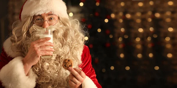 Santa Claus Eating Tasty Cookies Milk Home Evening — Stock Photo, Image