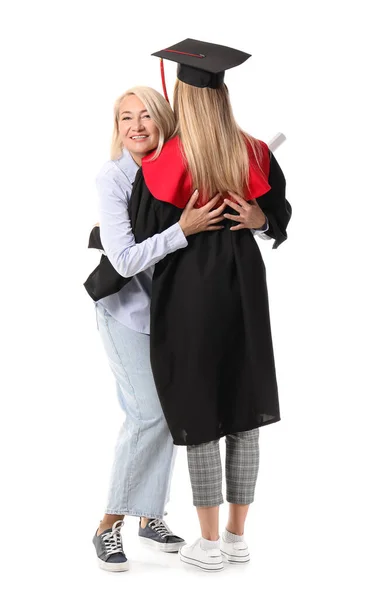 Glückliche Studentin Mit Ihrer Mutter Auf Weißem Hintergrund — Stockfoto