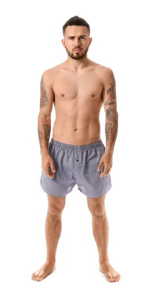Stilig Ung Man Underkläder Vit Bakgrund — Stockfoto