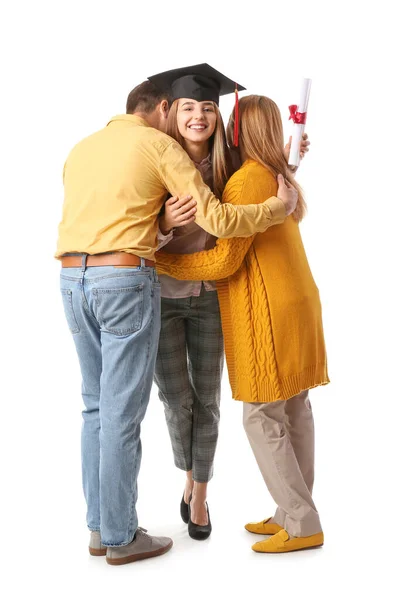 Glückliche Studentin Mit Ihren Eltern Auf Weißem Hintergrund — Stockfoto