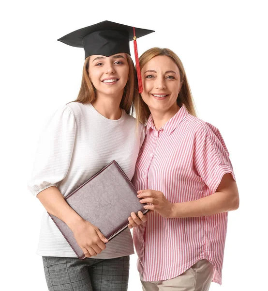 Glückliche Studentin Mit Ihrer Mutter Auf Weißem Hintergrund — Stockfoto