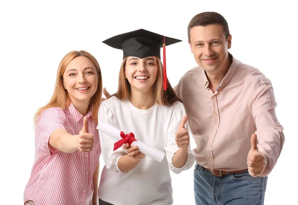 Šťastná Žena Maturitní Student Rodiči Ukazující Palec Gesto Bílém Pozadí — Stock fotografie