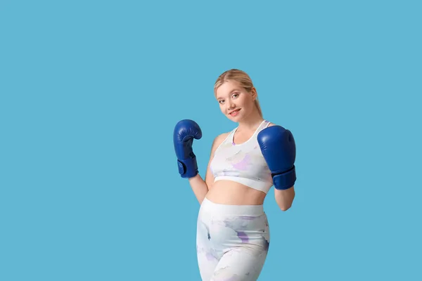 Young Pregnant Woman Boxing Gloves Blue Background — Stock Photo, Image