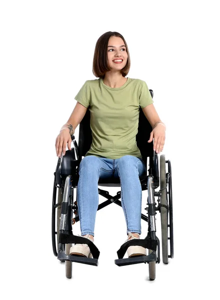 Młoda Kobieta Wózku Inwalidzkim Białym Tle — Zdjęcie stockowe