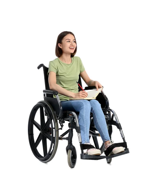 Молодая Женщина Инвалидной Коляске Ноутбуком Белом Фоне — стоковое фото