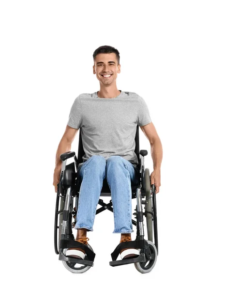 Tekerlekli Sandalye Beyaz Arka Plan Üzerinde Genç Adam — Stok fotoğraf
