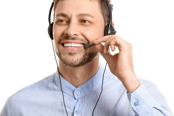 Tanácsadó Call Center Headset Fehér Háttér — Stock Fotó