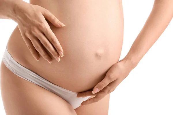 Vacker Gravid Kvinna Vit Bakgrund Närbild — Stockfoto