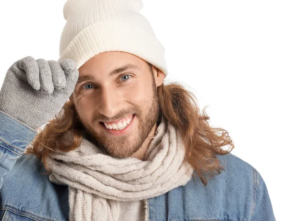 Schöner Stylischer Kerl Winterkleidung Auf Weißem Hintergrund — Stockfoto