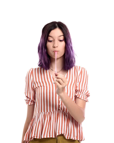 Young Woman Purple Hair Chewing Gum White Background — Stock Photo, Image