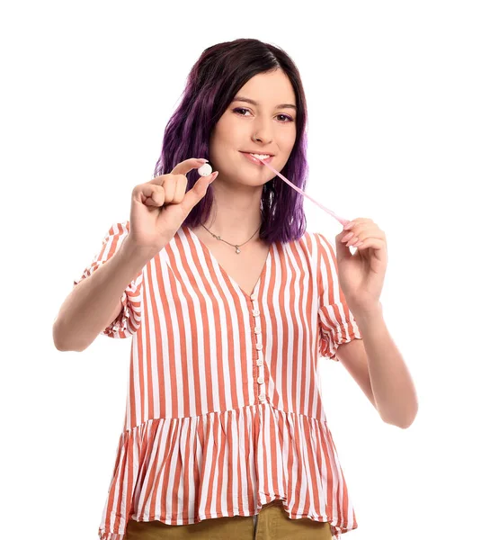 Young Woman Chewing Gums White Background — Stock Photo, Image