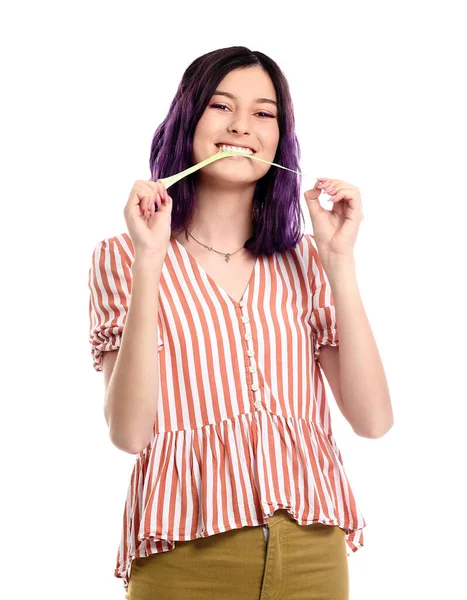 Young Woman Purple Hair Chewing Gum White Background — Stock Photo, Image