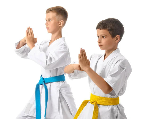 Kleine Jongens Oefenen Karate Witte Achtergrond — Stockfoto