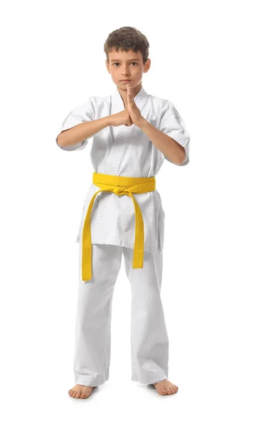Liten Pojke Övar Karate Vit Bakgrund — Stockfoto