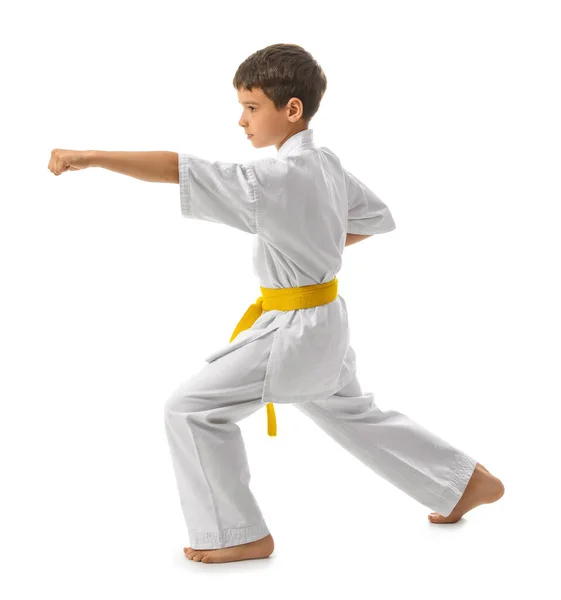 Niño Practicando Karate Sobre Fondo Blanco — Foto de Stock