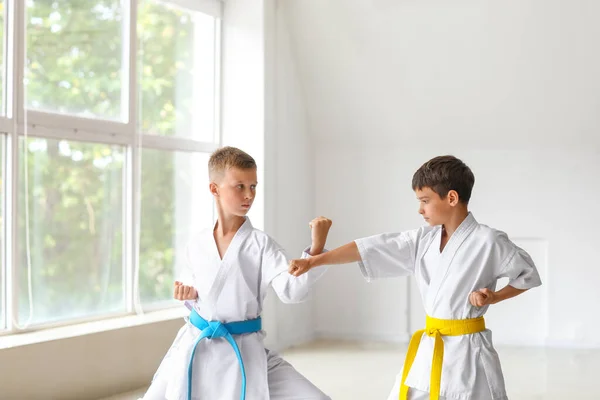 Mali Chłopcy Ćwiczą Karate Siłowni — Zdjęcie stockowe